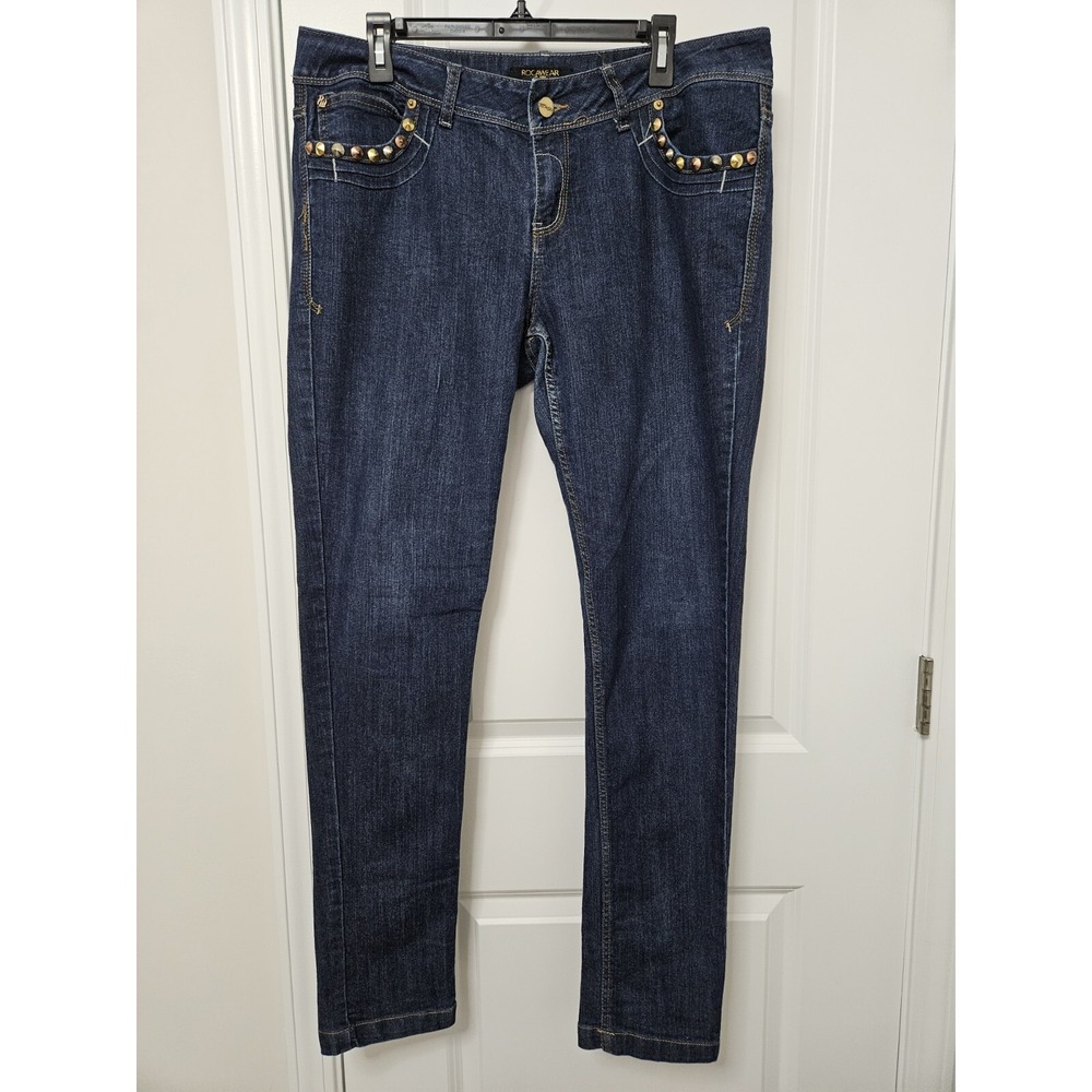 Rocawear Jeans‎ Women 16 Blue Hannah Skinny Leg Studded Dark Wash Embroidered - Picture 4 of 11